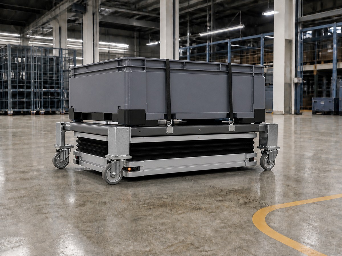 Lift-table transport robot carrying a secured unit-load trolley through a factory aisle.