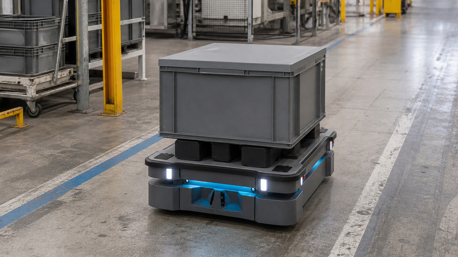 Autonomous mobile robot carrying a supported parts crate along a marked production route.