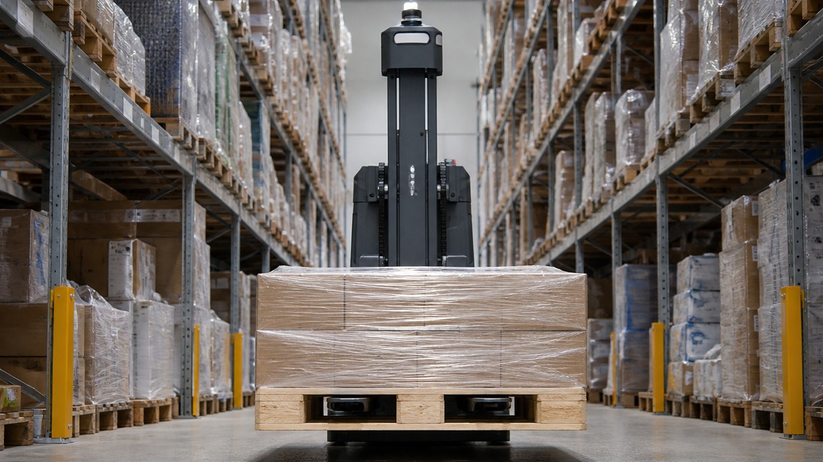 Autonomous pallet-jack robot carrying one wrapped pallet through a warehouse aisle.