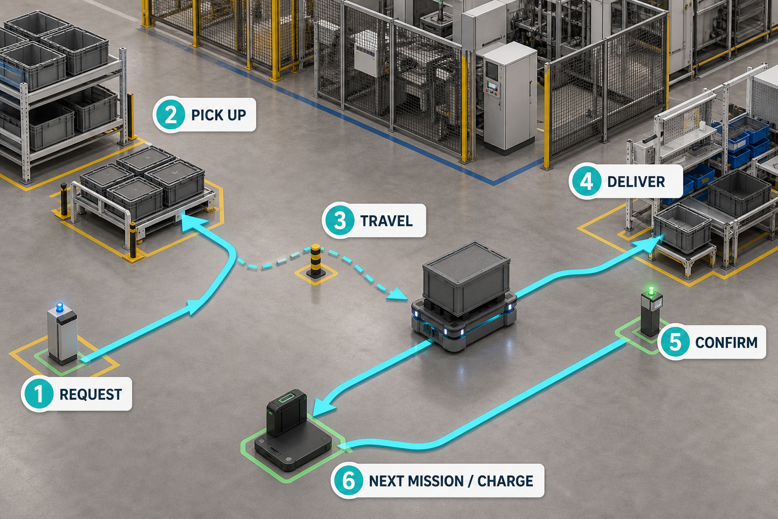 Illustrated production-floor workflow showing one AMR route from request and pickup through travel, delivery, confirmation, and next mission or charging.