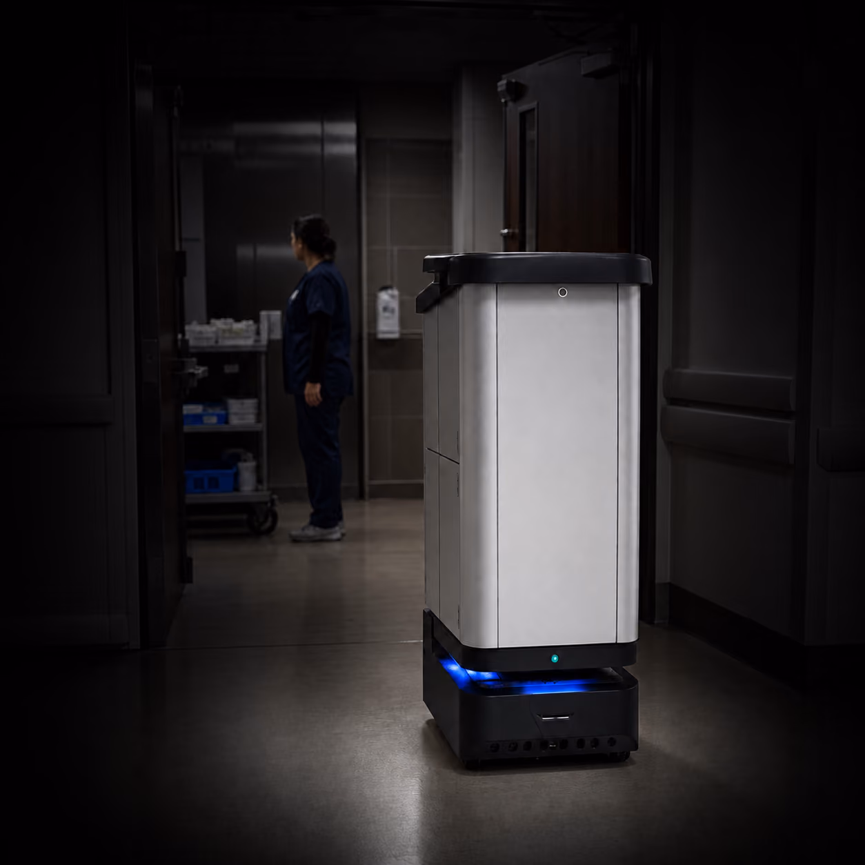 Autonomous mobile robot operating in a modern facility for customers and site operators.