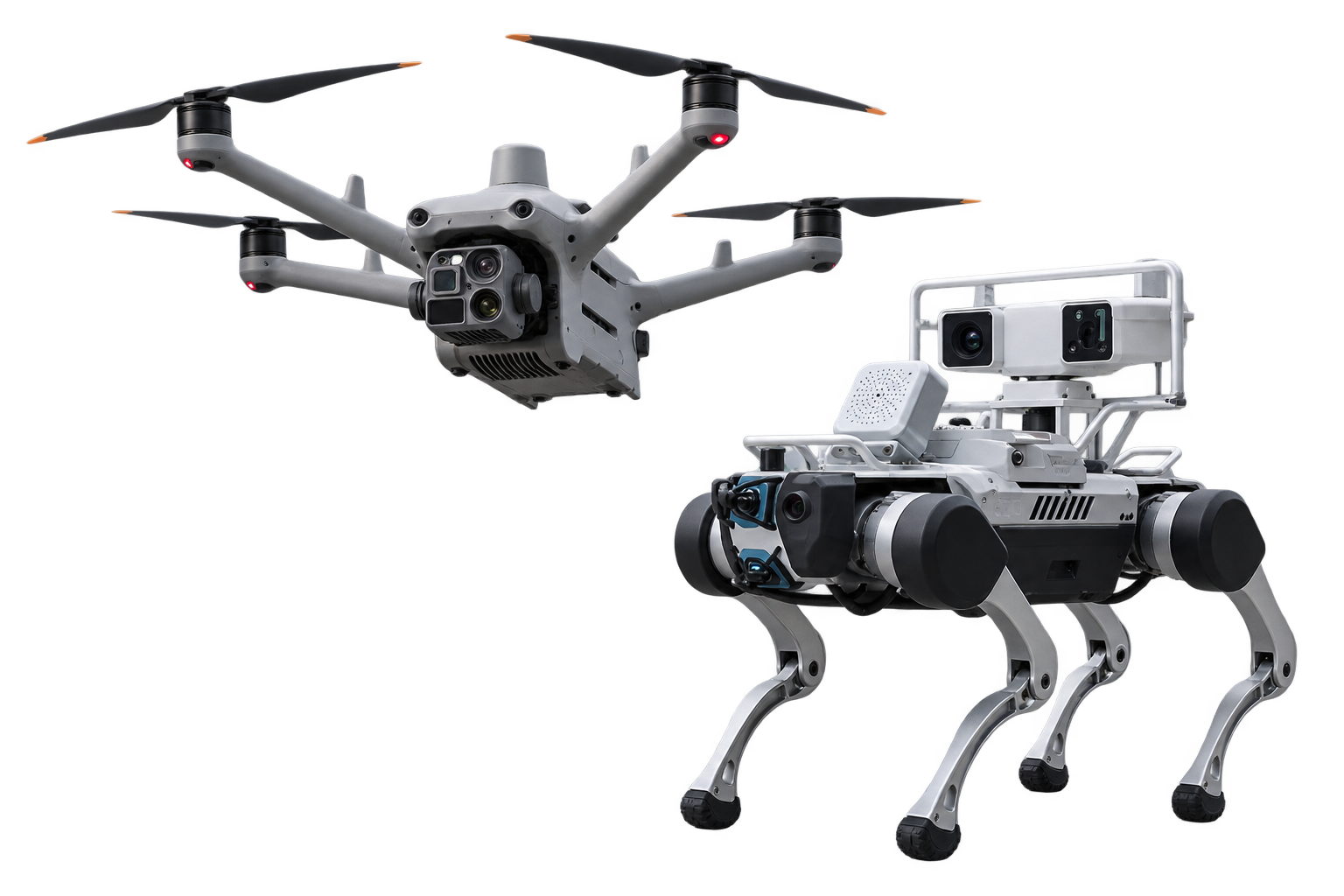 Industrial security drone and quadruped patrol robot with inspection camera payload.