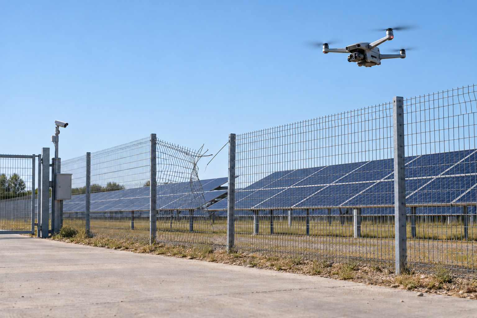 Security drone observing a damaged solar-farm perimeter fence, with fixed CCTV at the entrance.