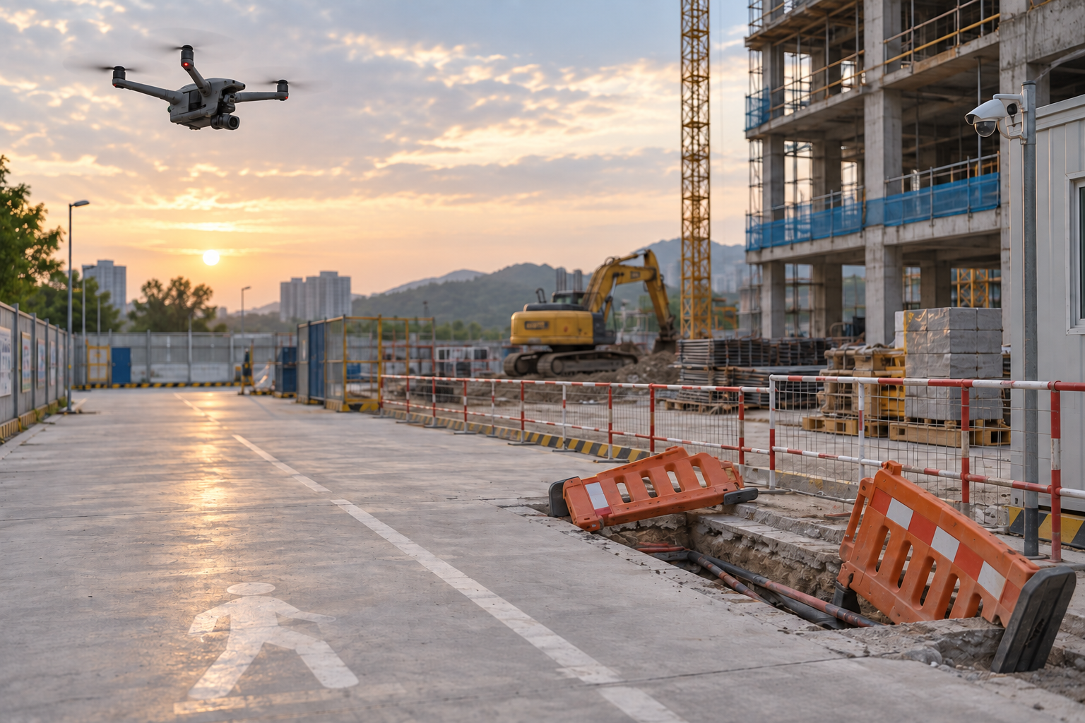 Security drone above a construction site with fallen temporary barriers beside an exposed service trench.