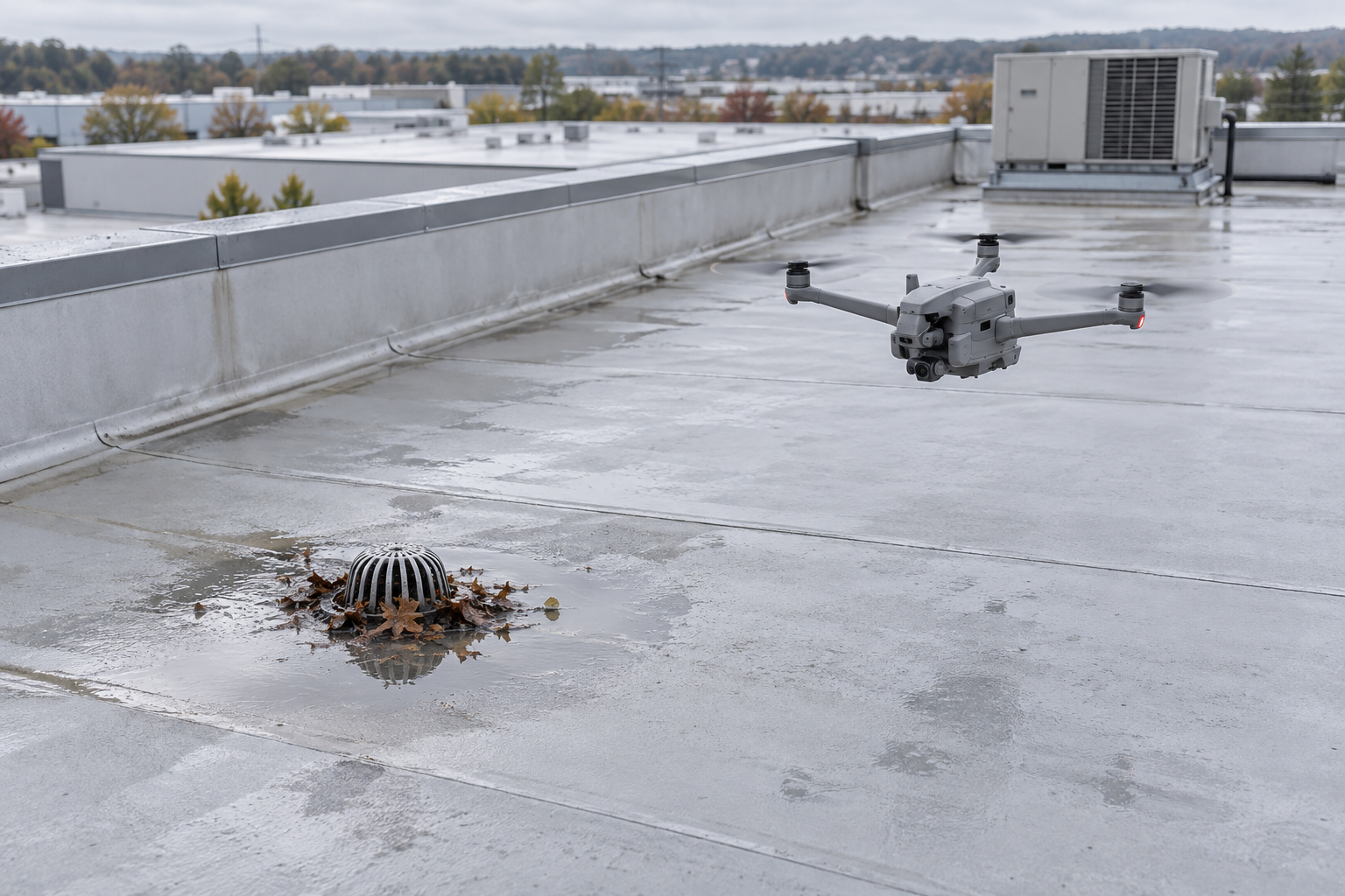 Drone inspecting a warehouse roof with wet leaves gathered around a drainage strainer and shallow standing water.
