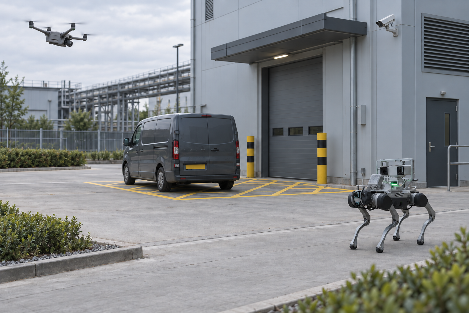 Drone, camera-equipped quadruped and fixed CCTV at an industrial access area occupied by a parked van.