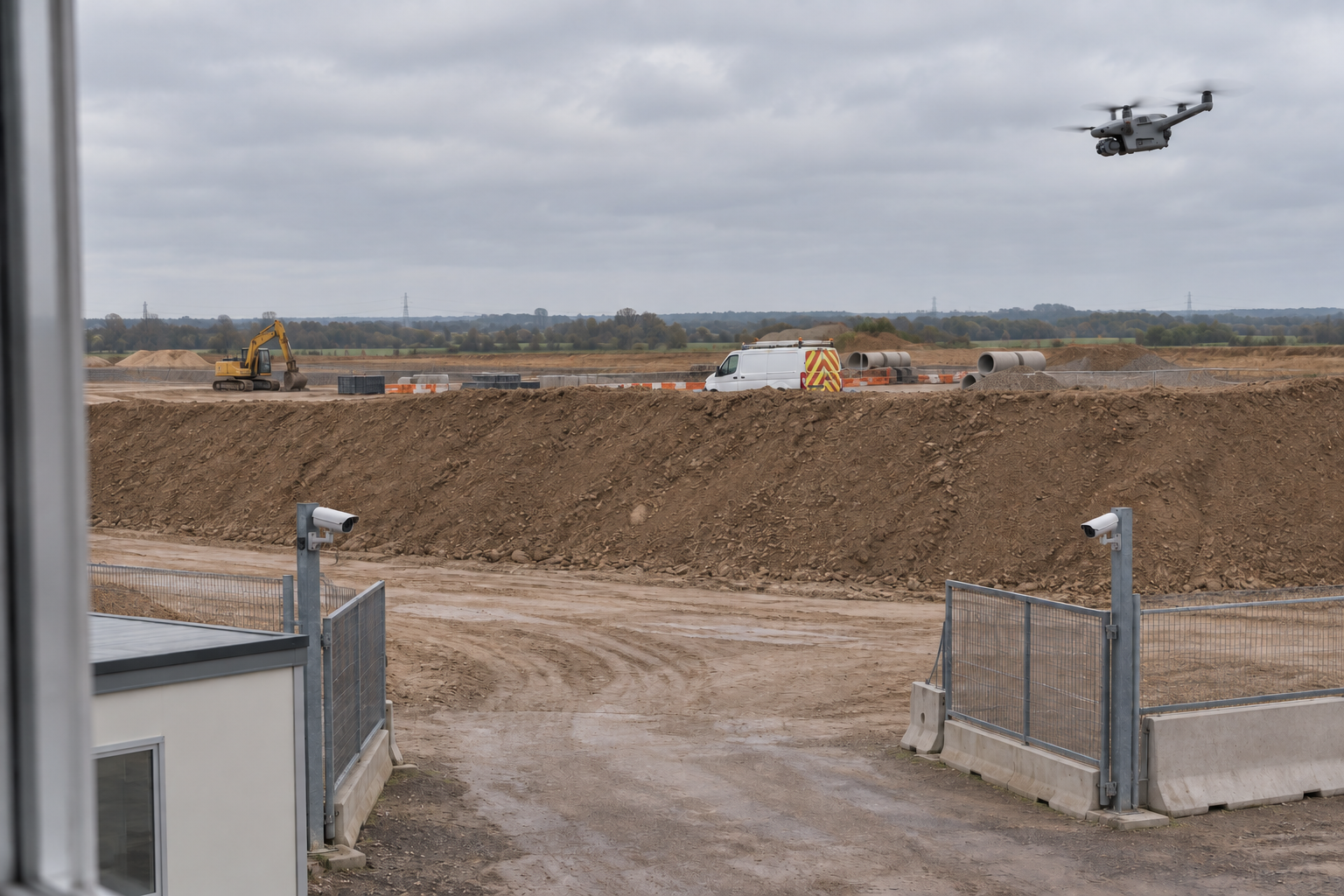 Two entrance CCTV cameras face a temporary earth bank while a drone observes a utility van beyond the obstruction.