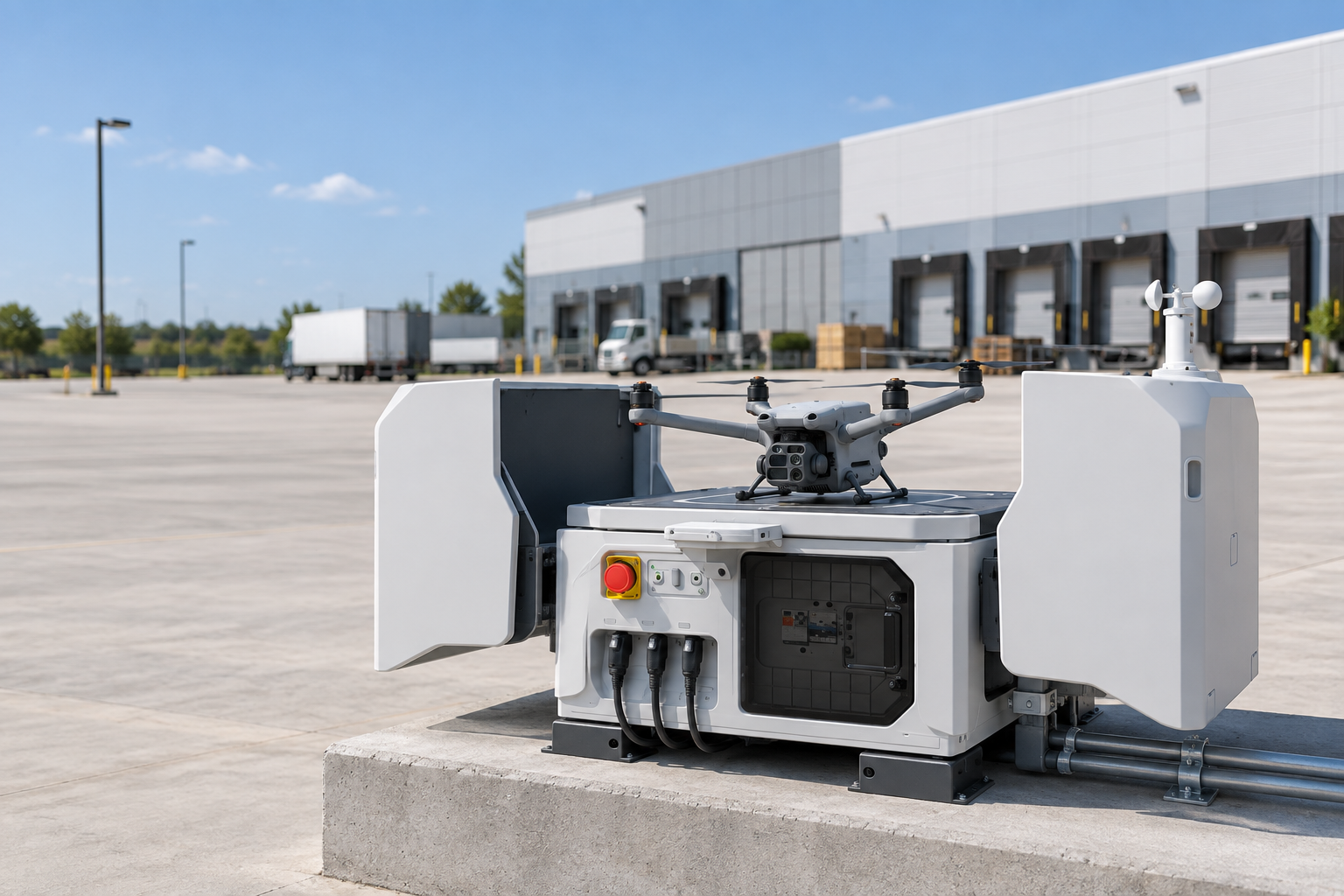 A drone rests on the landing pad of an open automated dock installed beside a logistics warehouse.