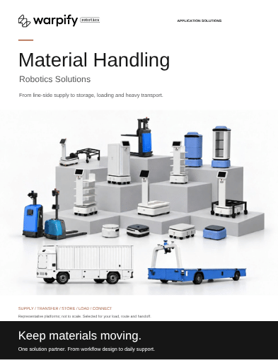 Cover of the Warpify Robotics material handling brochure, showing a range of mobile robots and transport platforms.