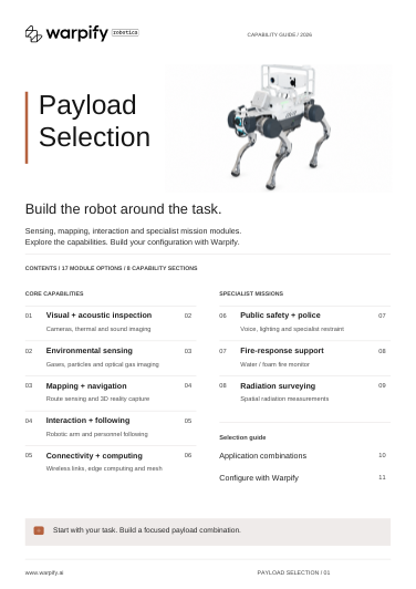 Cover of the Warpify Robotics payload selection guide, depicting a quadruped robot with a payload module.