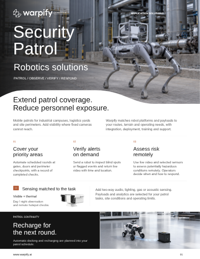 Cover of the Warpify Robotics security patrol brochure, depicting a quadruped robot at an industrial site.