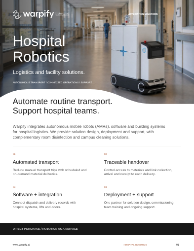 Cover of the Warpify Robotics hospital logistics brochure, depicting a mobile robot in a hospital corridor.