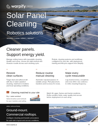 Cover of the Warpify Robotics solar panel cleaning brochure, depicting a cleaning robot on a solar array.