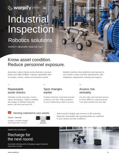 Cover of the Warpify Robotics industrial inspection brochure, depicting a quadruped robot in an industrial facility.