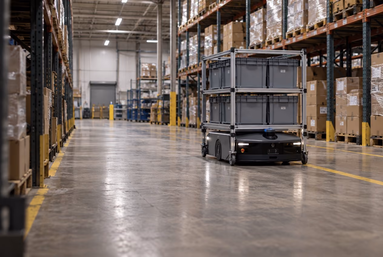 Warehouse AMR carrying supported reusable totes on a compatible shelf fixture.