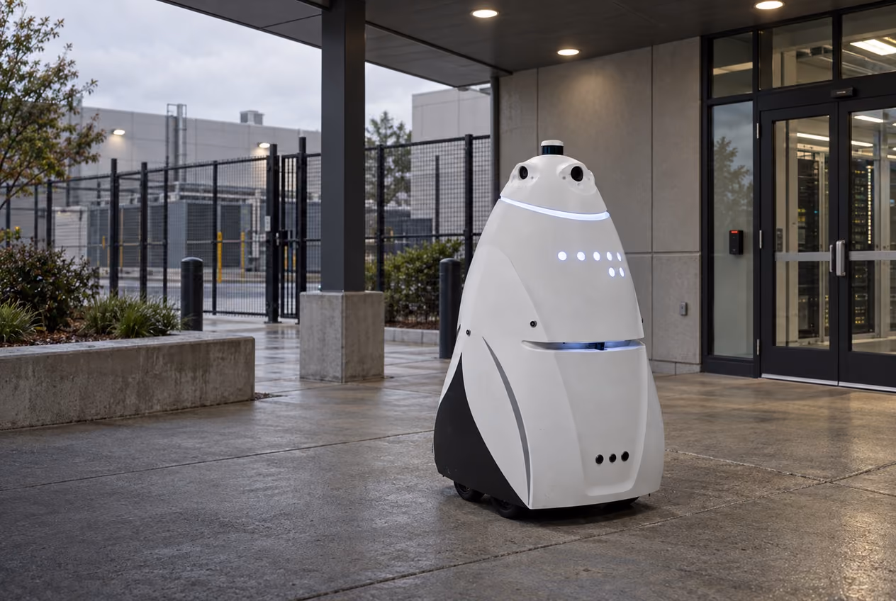 Security patrol robot at the covered access-controlled entrance of a data-center building.
