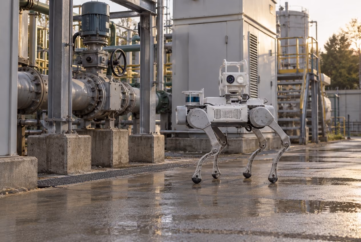 Inspection quadruped beside an energy plant valve station.