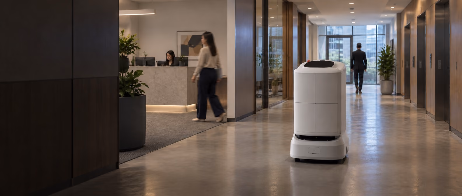 Closed-compartment delivery robot approaching an office elevator lobby.