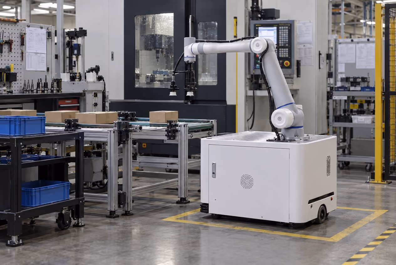 Mobile manipulator docked beside a manufacturing conveyor with a supported boxed part.