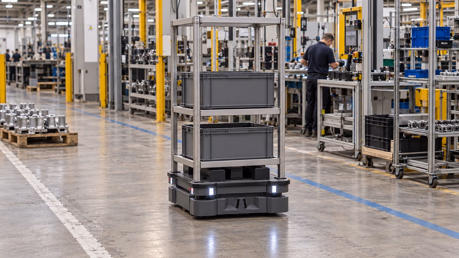 Shelf-lift AMR carrying supported parts totes toward a manufacturing workstation.