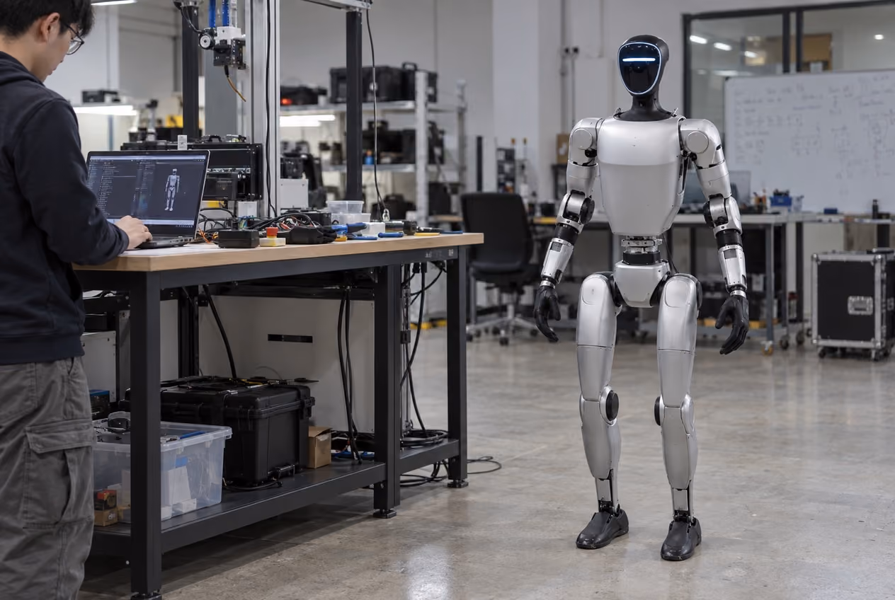Humanoid robot beside an engineer checking a bench computer in a robotics commissioning lab.