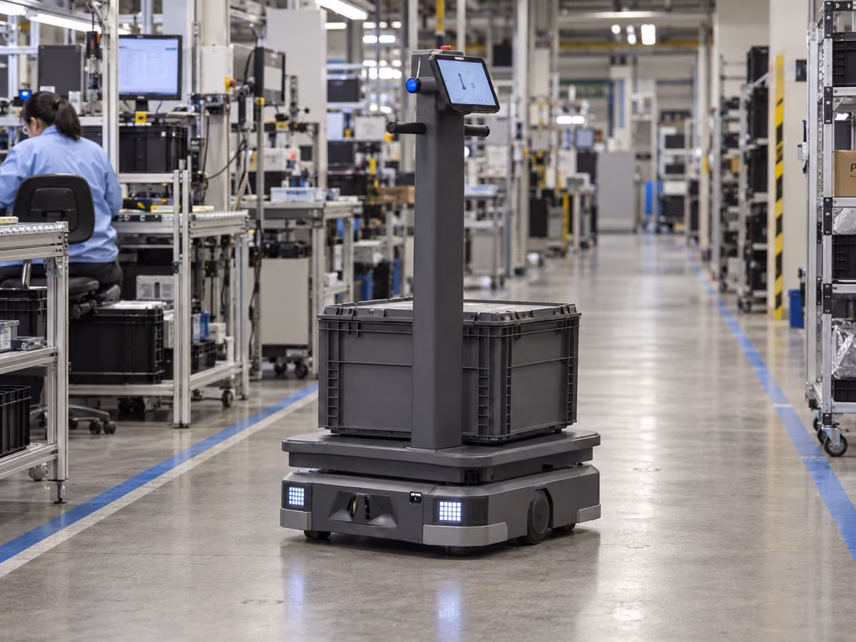 Industrial AMR carrying a supported parts tote along an electronics assembly aisle.
