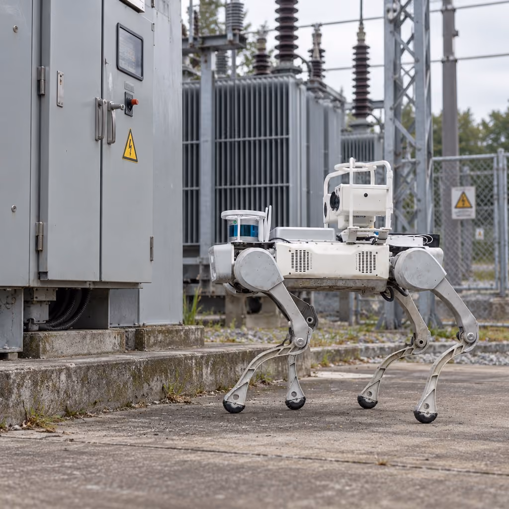 Quadruped inspection robot with protected camera beside outdoor substation cabinets.