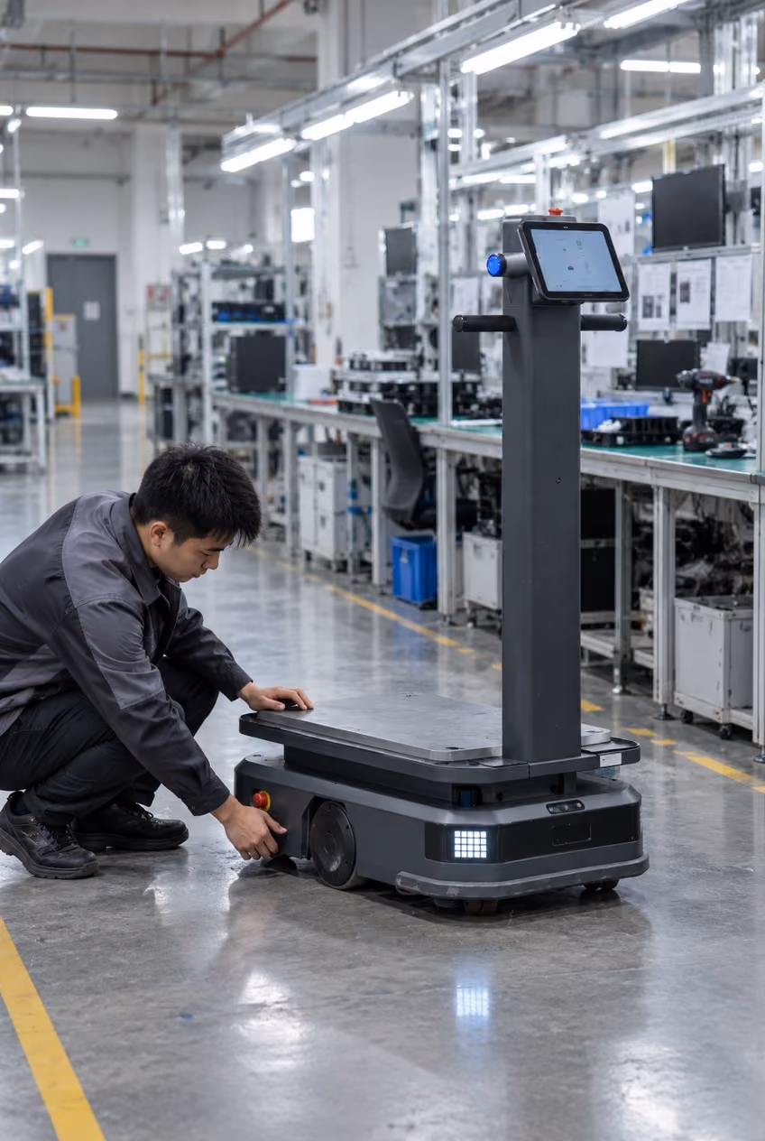Engineer checking a stationary industrial AMR in a factory service aisle.