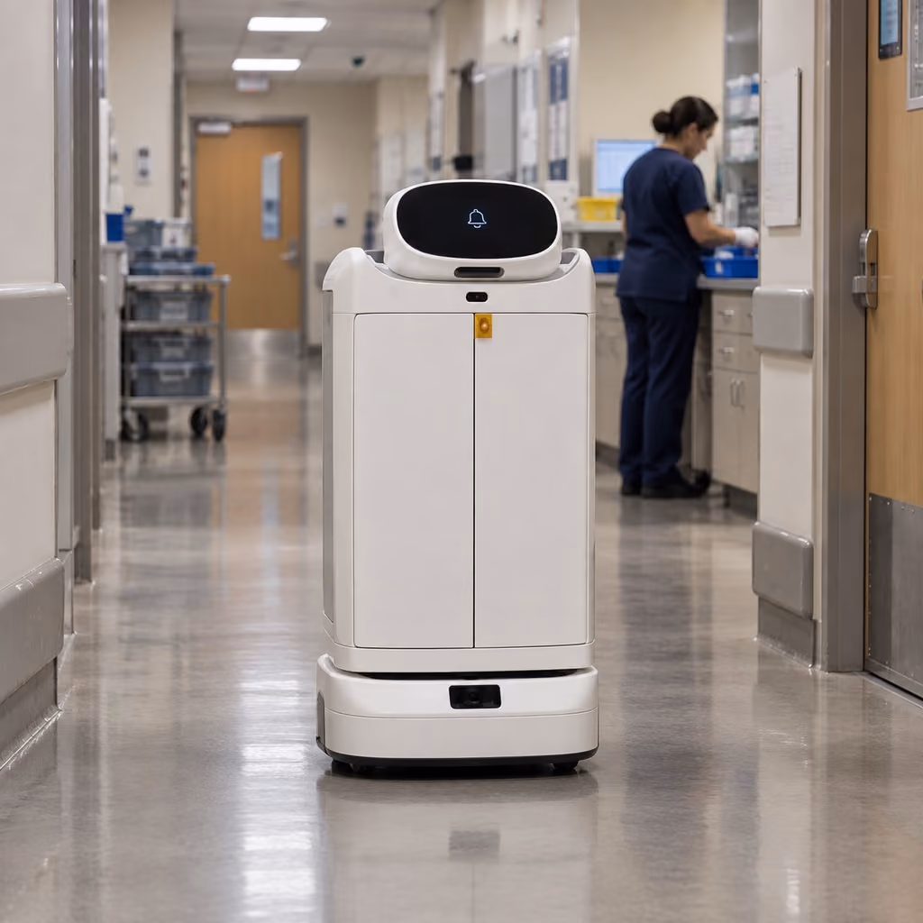 Enclosed hospital delivery robot beside a receiving counter.