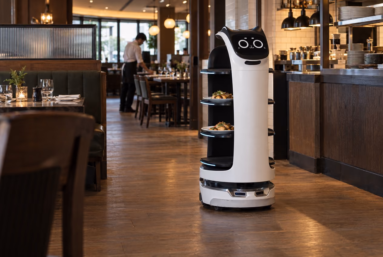 Restaurant delivery robot carrying supported plates along a service aisle.