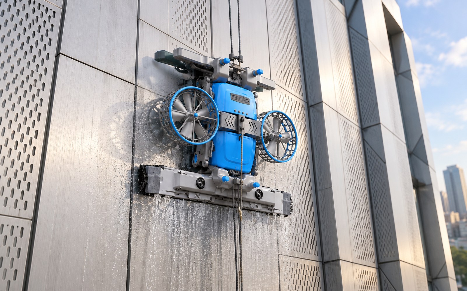 An unbranded cable-supported facade cleaning robot with two guarded fans and cleaning brushes against a solid metal exterior panel.