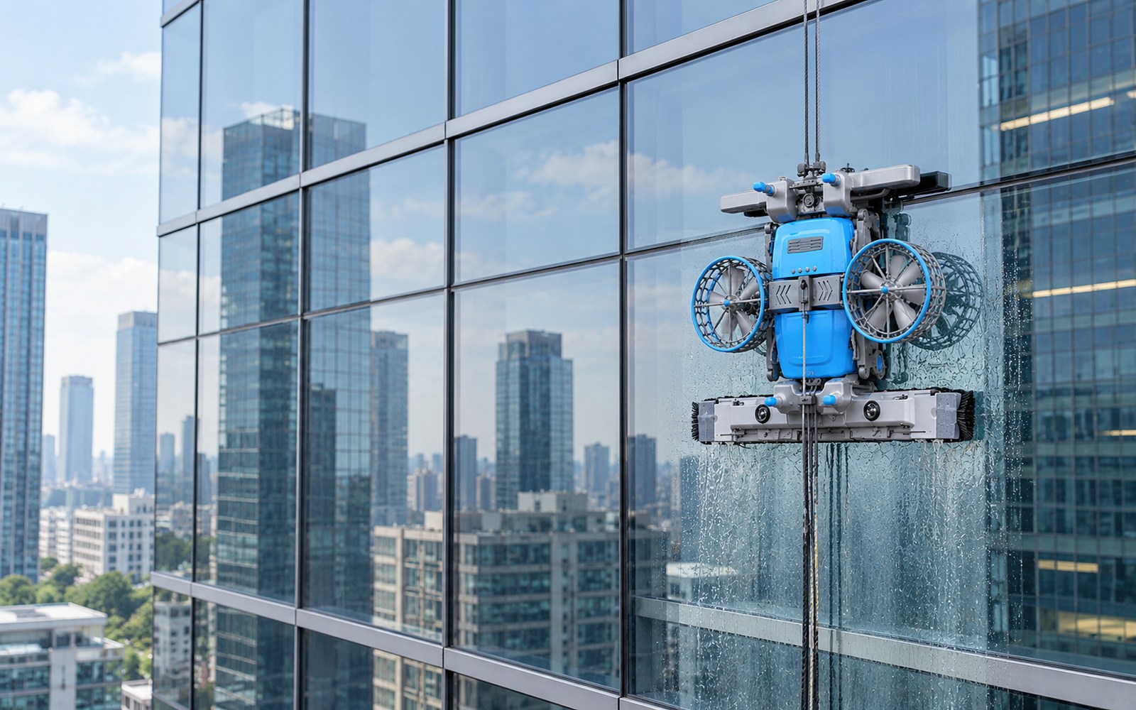 A cable-supported blue facade cleaning robot working on a glass office building, with roof support lines and the surrounding city visible.