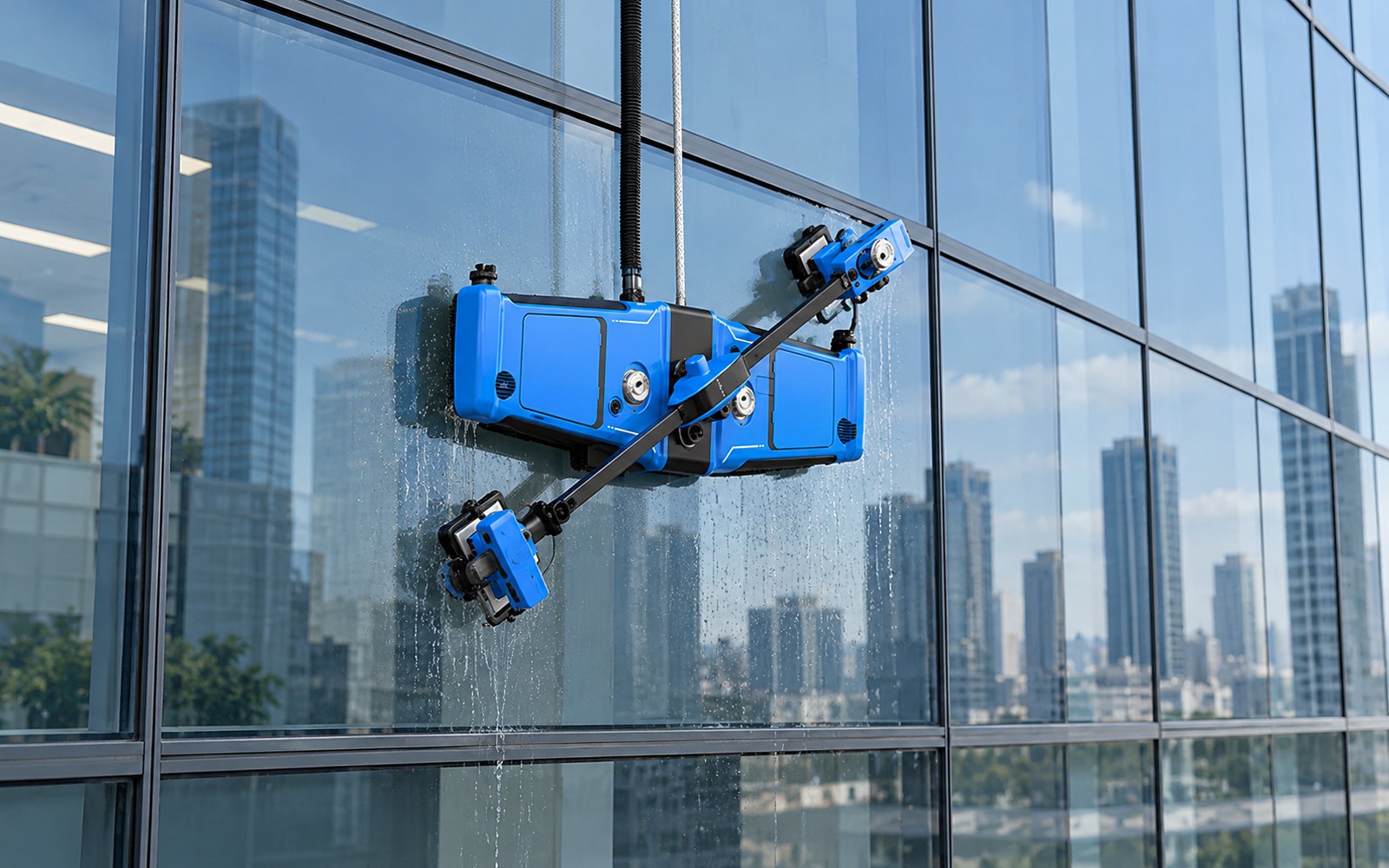 An unbranded blue suction-based facade cleaning robot with an articulated contact arm working on continuous flat glass.