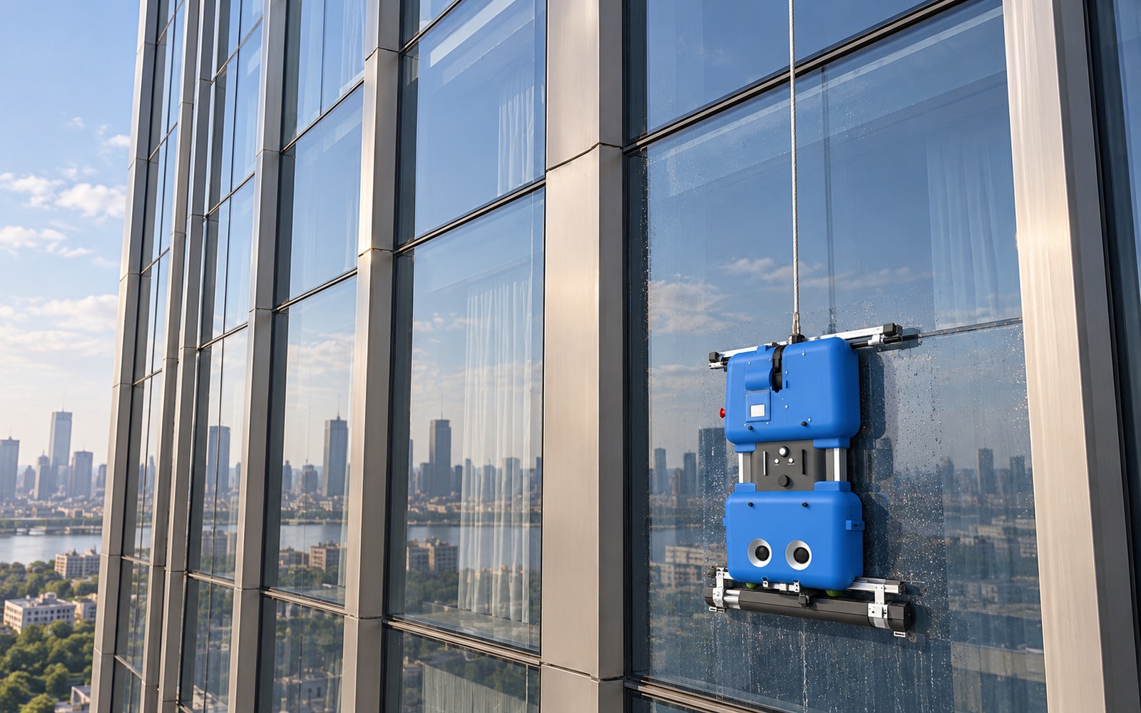 An unbranded blue two-module suction cleaning robot working inside a flat glass bay on a tall building, with overhead support and city reflections.