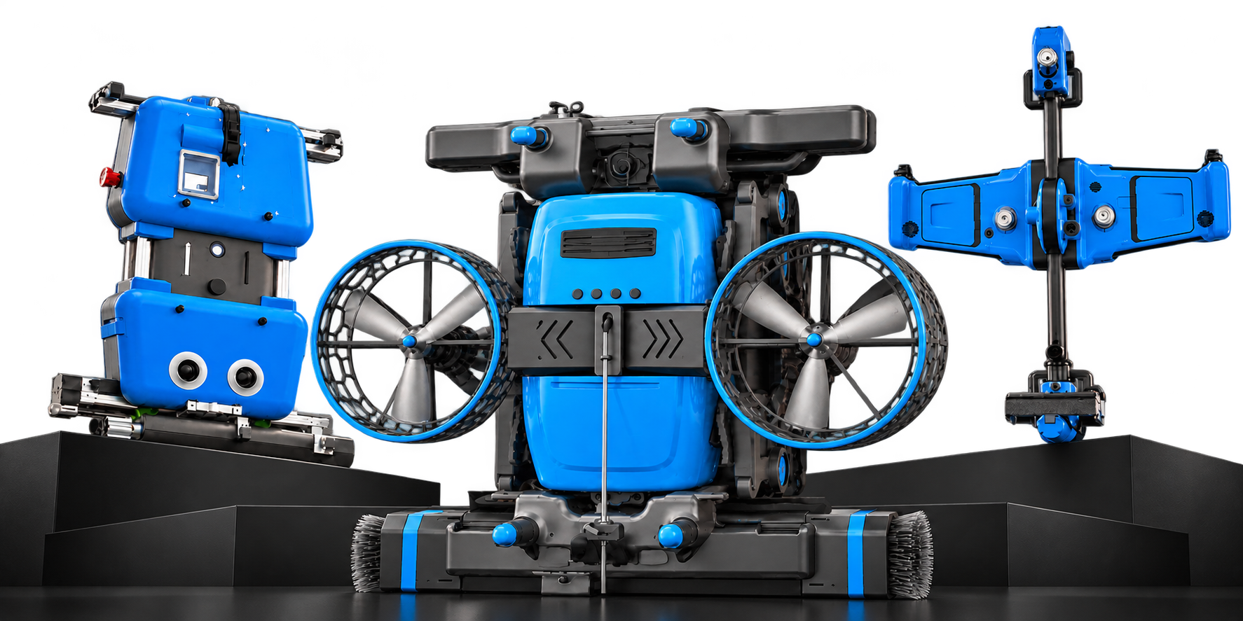 Three facade cleaning robot platforms on a dark tiered stage, including a central cable-supported robot with two three-blade guarded fans.