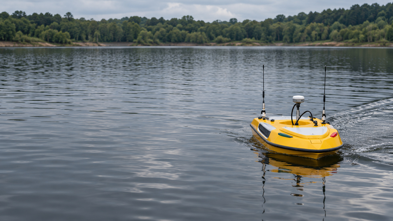 A compact yellow survey vessel on the right of a quiet reservoir with open water extending to the left.
