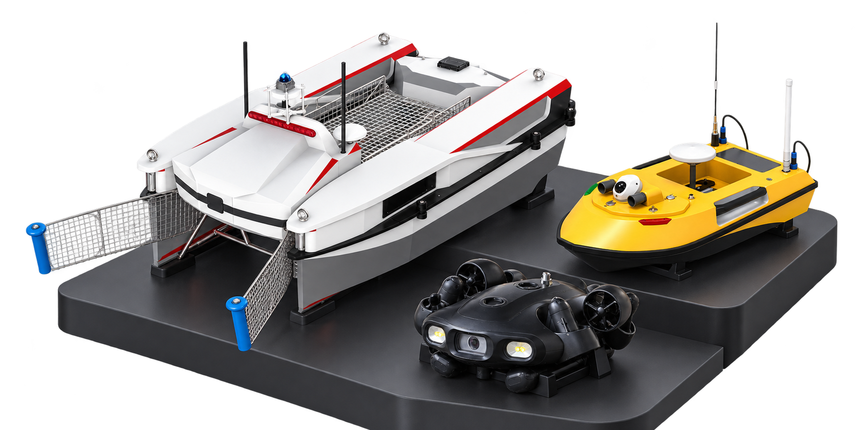 A surface cleaner, compact survey USV and tethered inspection ROV arranged on a dark display stage.