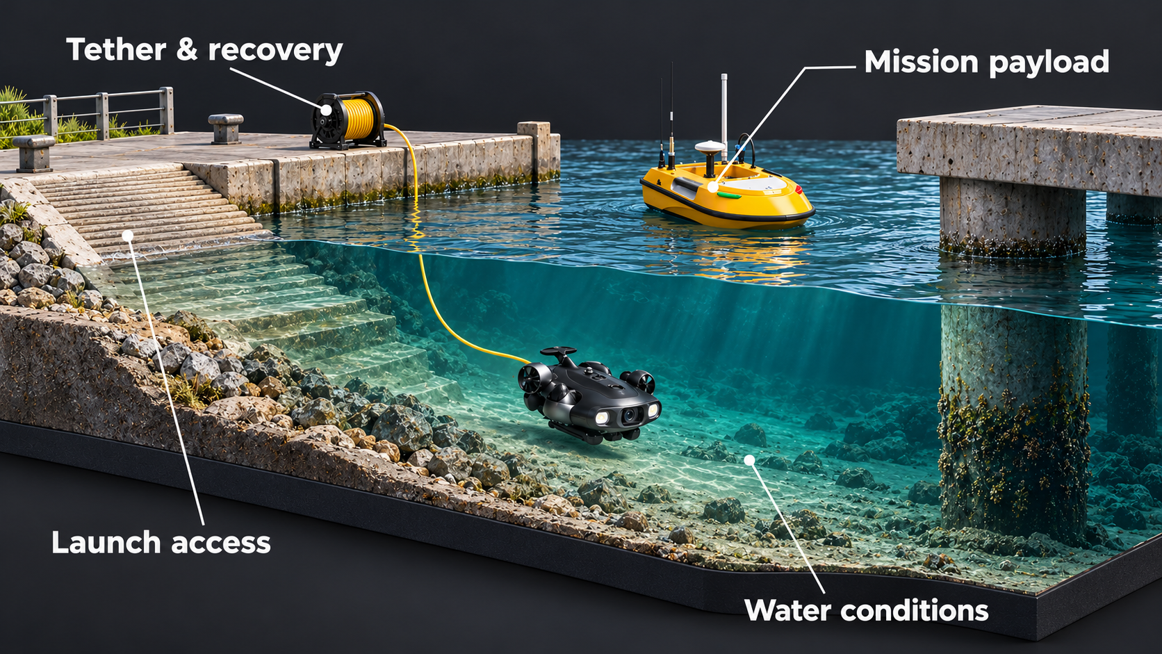 A marine planning cutaway showing shore launch access, a tether reel, surface survey payload and underwater conditions.