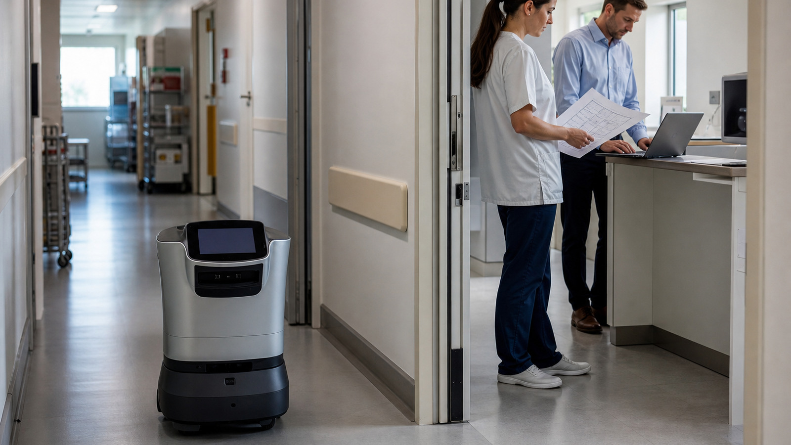 Hospital delivery robot moving through a service corridor while two colleagues review route plans nearby.