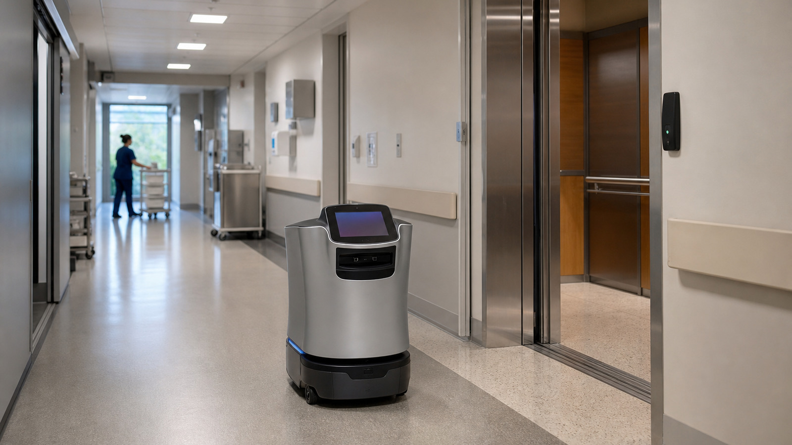 Hospital delivery robot approaching an elevator lobby while a staff member moves supplies in the distance.