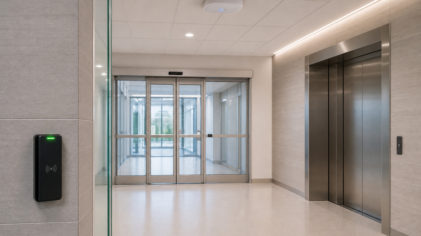 Hospital service corridor showing an elevator, automatic door, access control and Wi-Fi infrastructure.