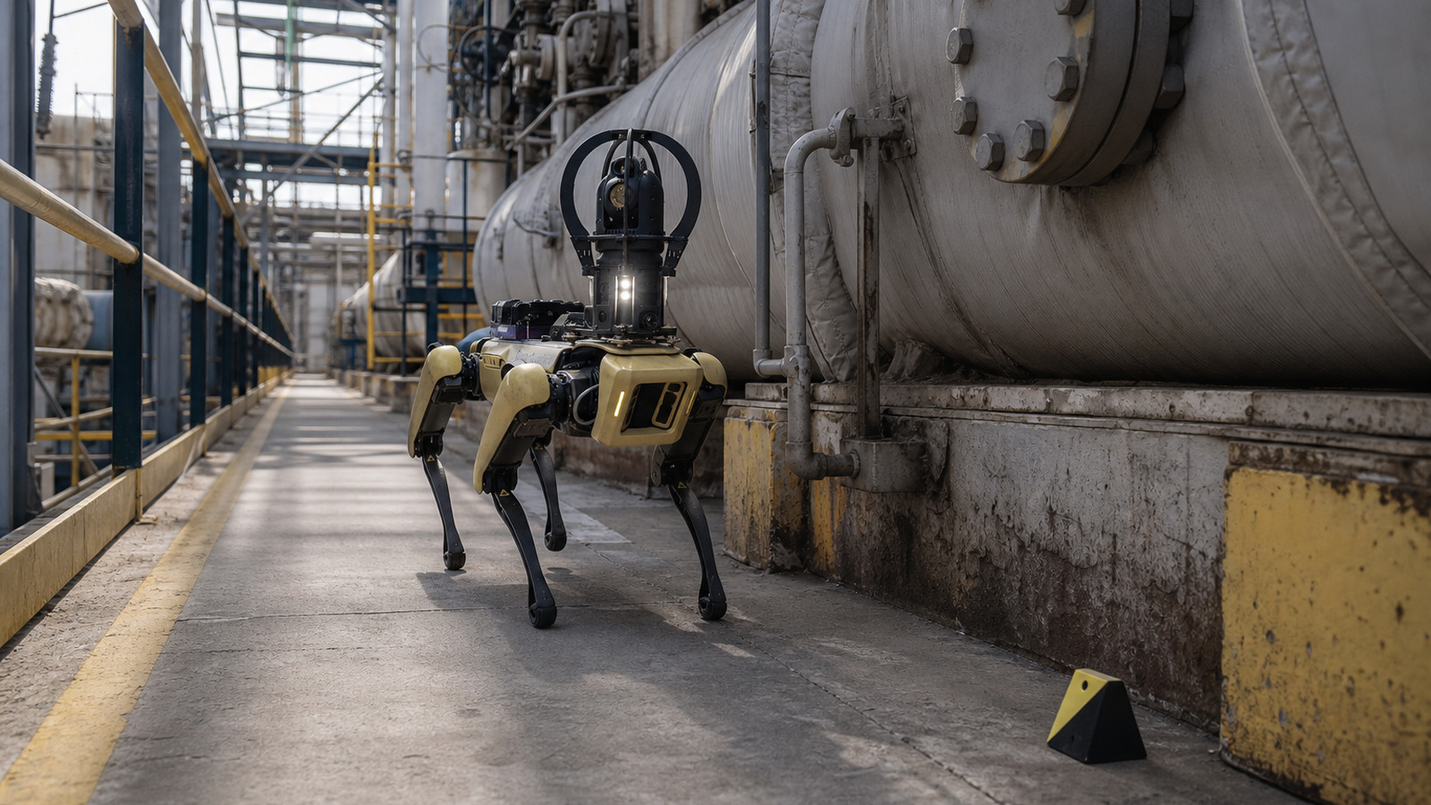 Quadruped inspection robot with a thermal camera approaching a marked read point beside industrial equipment.