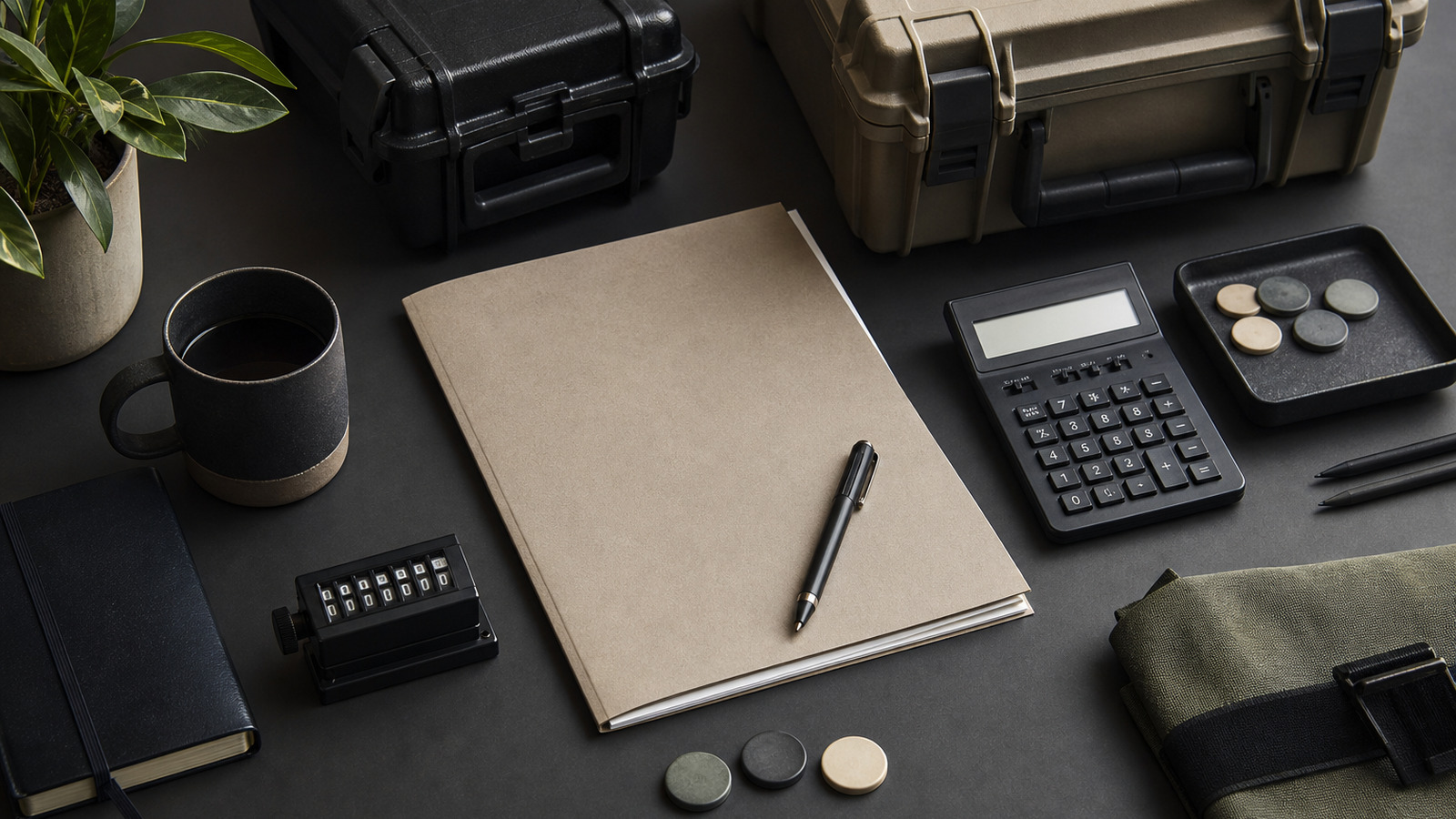 Contract folder, calculator and service equipment cases arranged on an operations desk.
