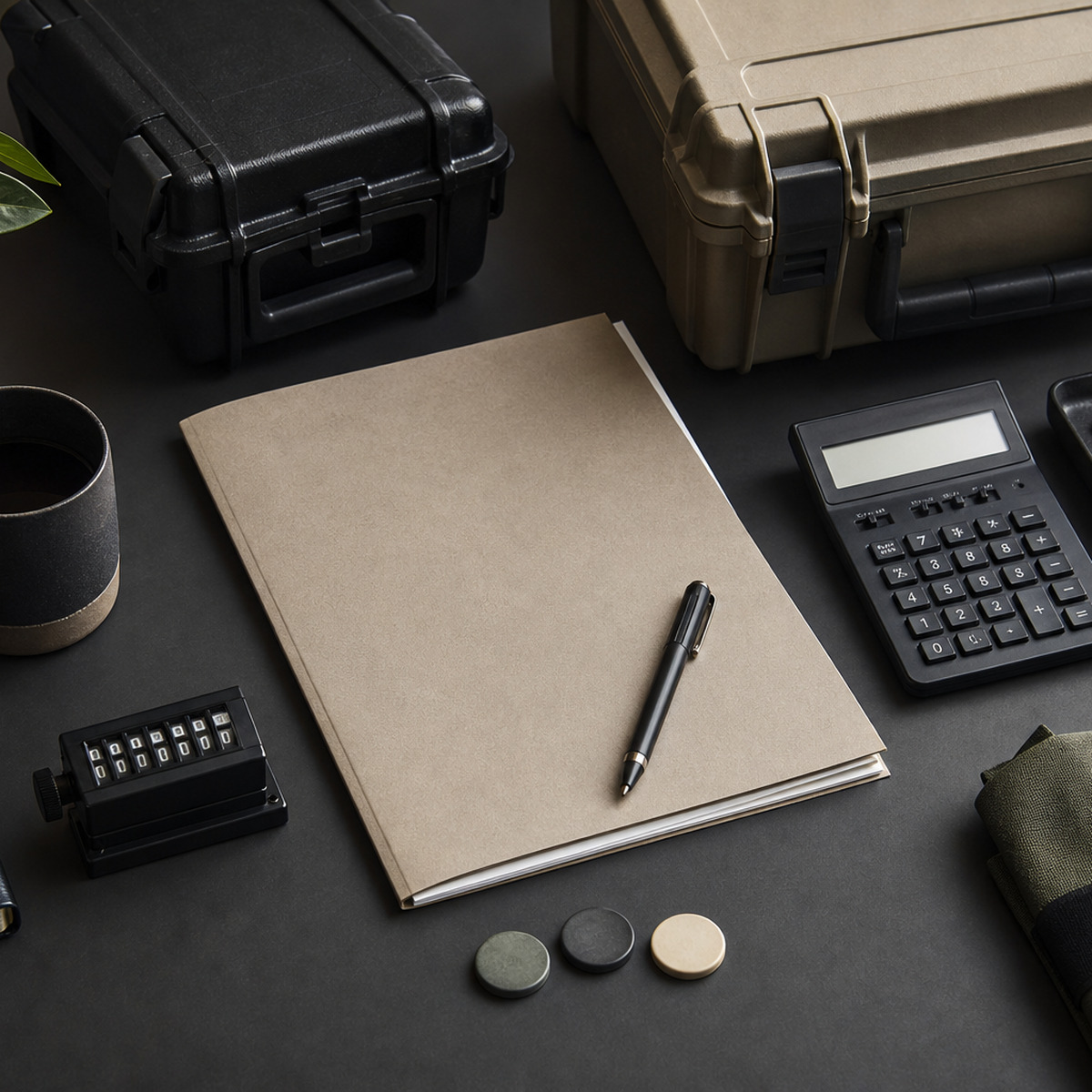 Contract folder, calculator and service equipment cases arranged on an operations desk.