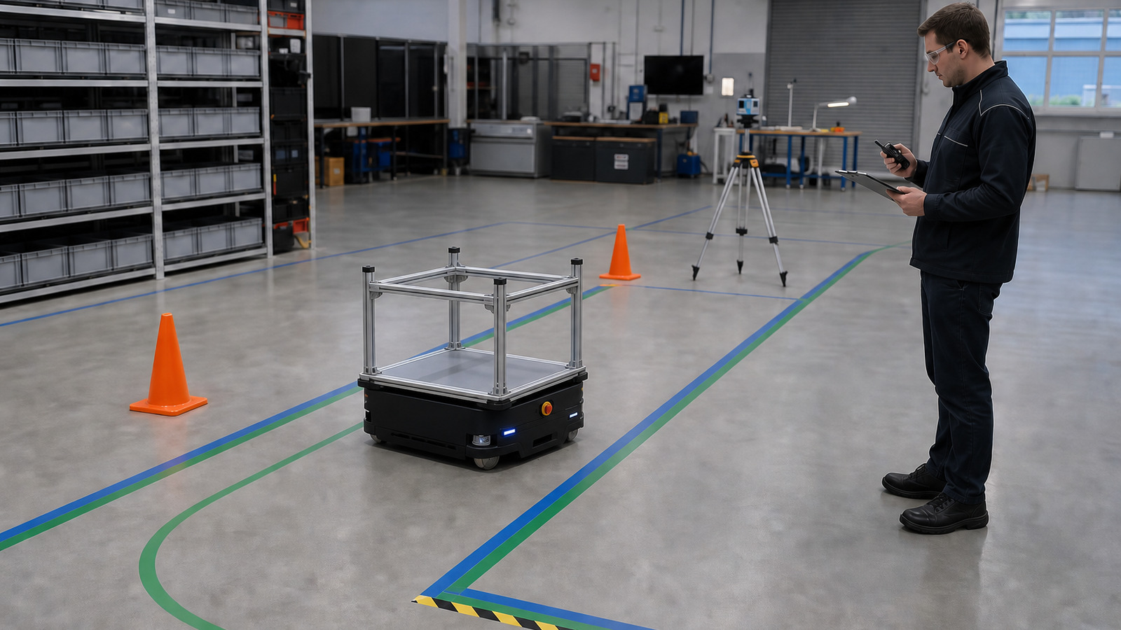 Autonomous mobile robot running a controlled route in an industrial proof-of-concept test bay.
