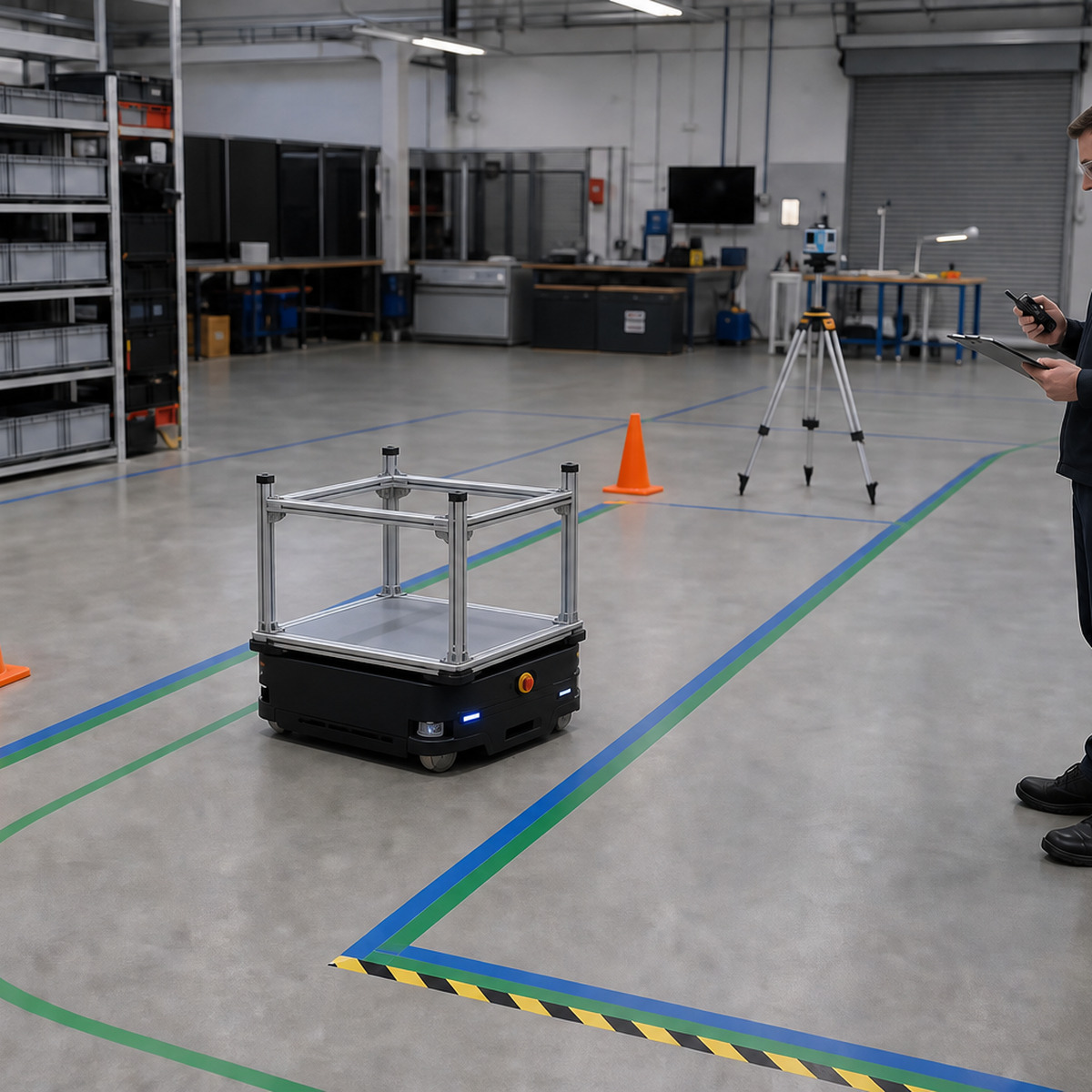 Autonomous mobile robot running a controlled route in an industrial proof-of-concept test bay.