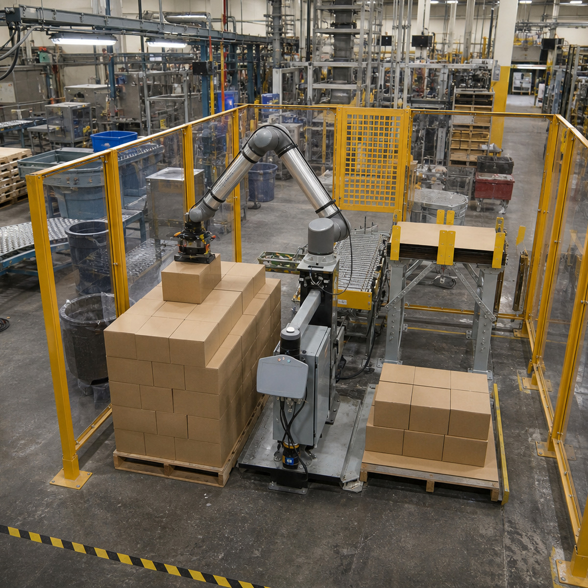 Collaborative robot operating inside a connected production cell with guarding and material flow visible.