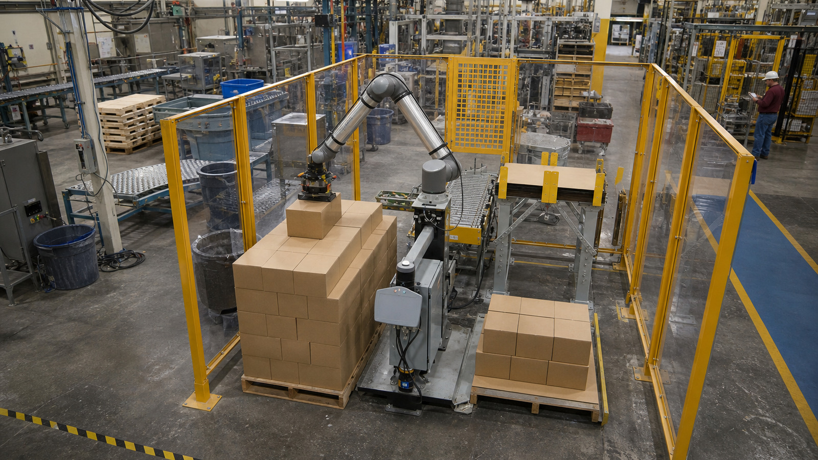 Collaborative robot operating inside a connected production cell with guarding and material flow visible.