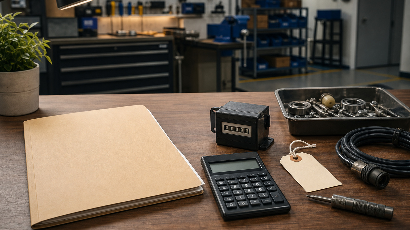 Service agreement folder, runtime meter, calculator and maintenance parts arranged for Robotics-as-a-Service pricing review.