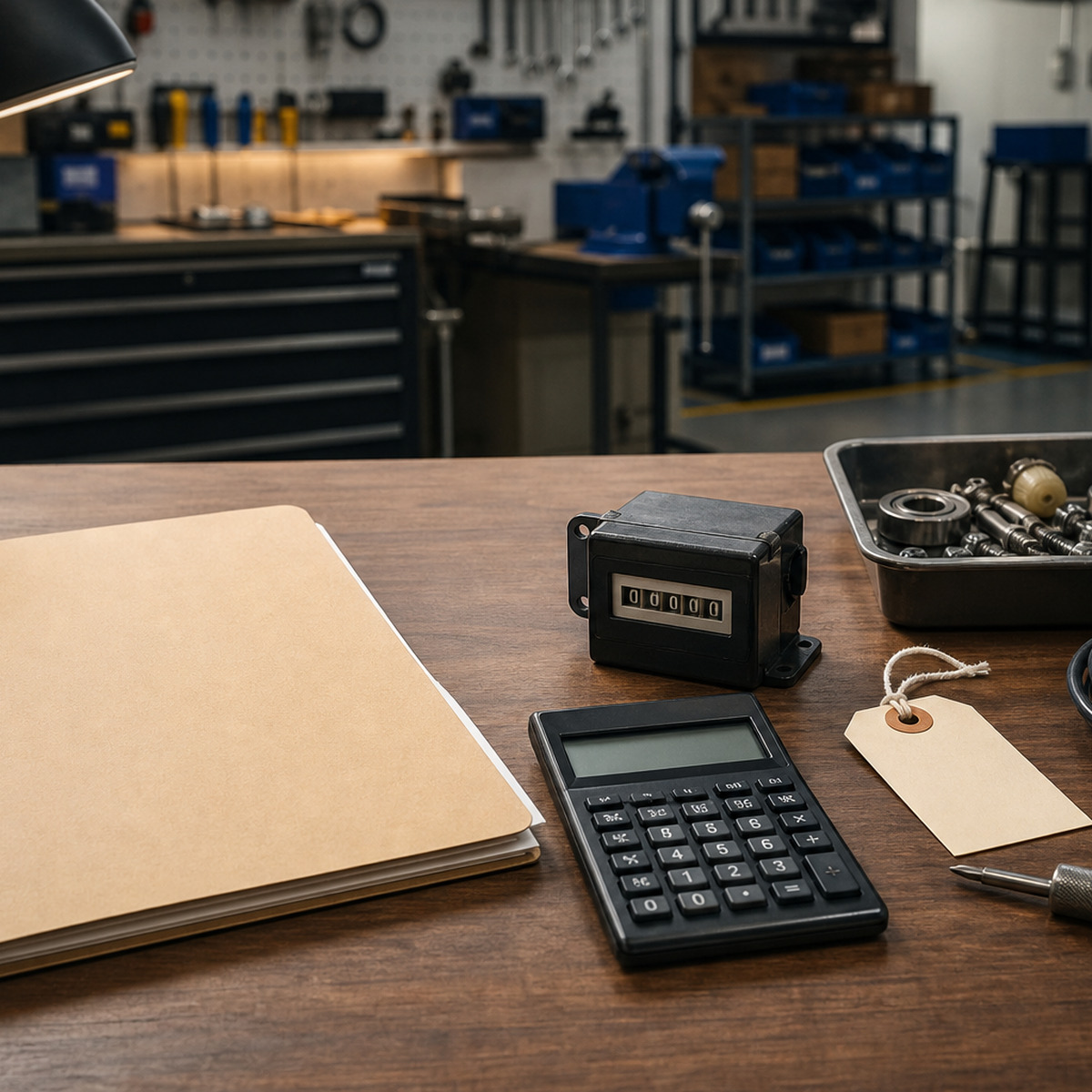 Service agreement folder, runtime meter, calculator and maintenance parts arranged for Robotics-as-a-Service pricing review.